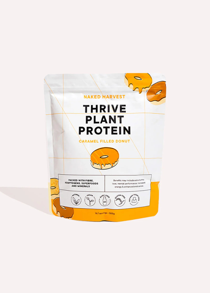 NAKED HARVEST THRIVE PLANT PROTEIN CARAMEL FILLED DONUT 500G